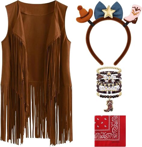 زي راعية البقر للأطفال للفتيات - مجموعة ملابس سترة غربية مهدبة مكونة من 4 قطع، مثالية لحفلات الهالوين، للأعمار من 5 إلى 12 عامًا in Kuwait