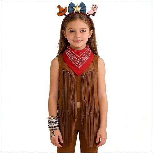 زي راعية البقر للأطفال للفتيات - مجموعة ملابس سترة غربية مهدبة مكونة من 4 قطع، مثالية لحفلات الهالوين، للأعمار من 5 إلى 12 عامًا in Kuwait