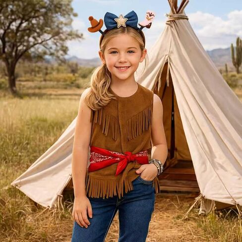 زي راعية البقر للأطفال للفتيات - مجموعة ملابس سترة غربية مهدبة مكونة من 4 قطع، مثالية لحفلات الهالوين، للأعمار من 5 إلى 12 عامًا in Kuwait