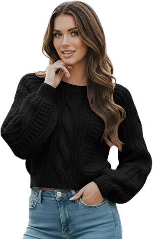 Women's Cropped Cable Knit Sweater, Soft and Warm Long Sleeve Pullover, Casual Knit Top for Fall Winter in Saudi Arabia