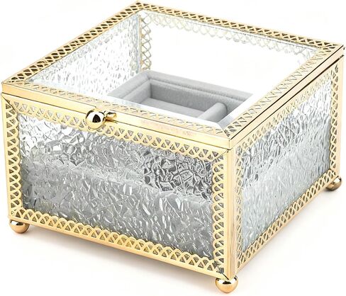Gold Diamond Glass Jewelry Box, Keepsakes Box, Electroplated Metal Frame Textured Glass Trinket Box,with Velvet Compartment for Rings, Earrings, Vintage Elegant Decorative Storage for Vanity in Saudi Arabia