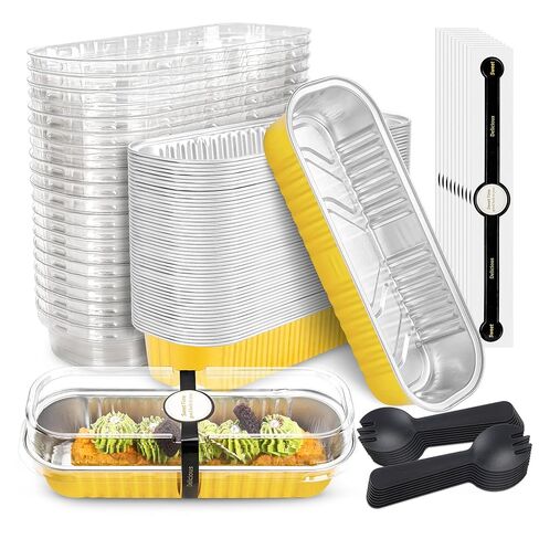 50 Pack Mini Cake Pans with Lids and Spoons Gold Rectangular Aluminum Foil Baking Pans Mini Cheesecake Containers(6.8oz) in Kuwait