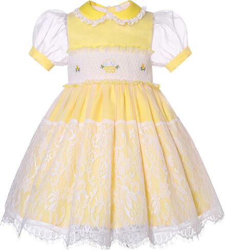 Pettigirl Girls Vintage Easter Yellow Summer Smocked Dresses Kids Toddler Organza Sleeve Lace Embroidery Smock Clothes in Saudi Arabia