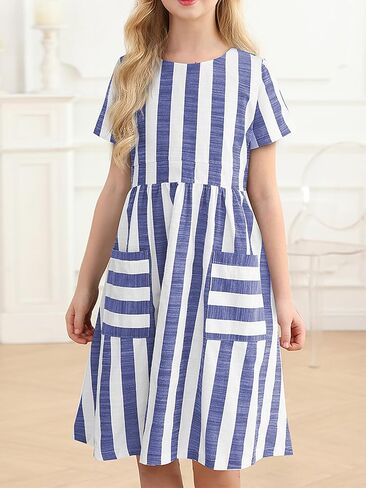 Girls Crew Neck Short Sleeve Striped Print Cute Holiday Casual Summer Flowy Dresses with Pockets 8-10 Years in Saudi Arabia