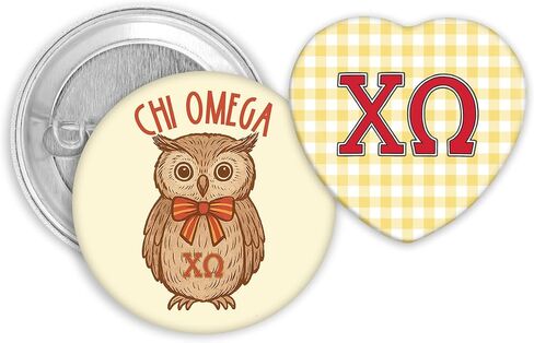 Chi Omega Button Pin Set, Cute Owl Mascot Pin & Yellow Gingham Heart XO Pin, Sorority Gift Bundle for Bid Day, Sorority Big Little Reveal, College Game Day, Chi O Accessories (2-Pack), Chi Omega Gifts in Kuwait