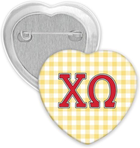Chi Omega Button Pin Set, Cute Owl Mascot Pin & Yellow Gingham Heart XO Pin, Sorority Gift Bundle for Bid Day, Sorority Big Little Reveal, College Game Day, Chi O Accessories (2-Pack), Chi Omega Gifts in Kuwait