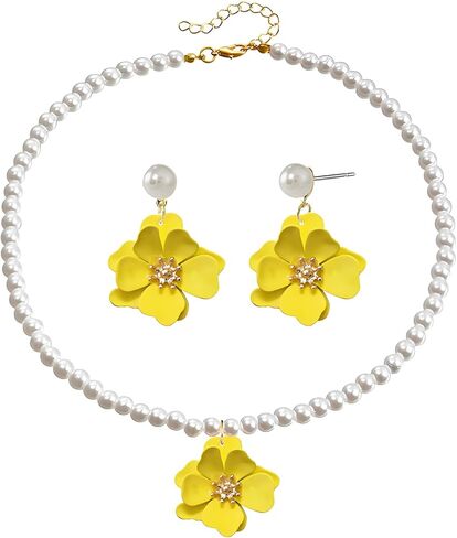 Dreuyet Bohemian Daisy Flower Earrings Necklace Set for Women Boho Layered Matte Long Petal Earring Dainty Floral Pearl Necklace Wedding Spring Holiday Jewelry in Saudi Arabia