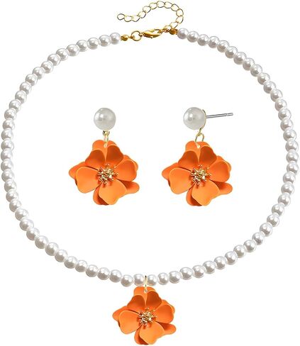 Dreuyet Bohemian Daisy Flower Earrings Necklace Set for Women Boho Layered Matte Long Petal Earring Dainty Floral Pearl Necklace Wedding Spring Holiday Jewelry in Saudi Arabia