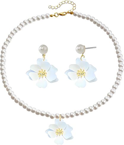 Dreuyet Bohemian Daisy Flower Earrings Necklace Set for Women Boho Layered Matte Long Petal Earring Dainty Floral Pearl Necklace Wedding Spring Holiday Jewelry in Saudi Arabia