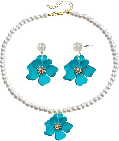 Dreuyet Bohemian Daisy Flower Earrings Necklace Set for Women Boho Layered Matte Long Petal Earring Dainty Floral Pearl Necklace Wedding Spring Holiday Jewelry in Saudi Arabia