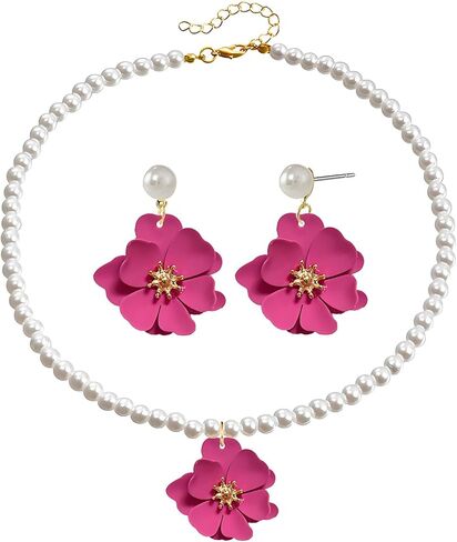 Dreuyet Bohemian Daisy Flower Earrings Necklace Set for Women Boho Layered Matte Long Petal Earring Dainty Floral Pearl Necklace Wedding Spring Holiday Jewelry in Saudi Arabia