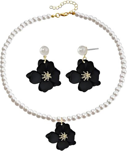 Dreuyet Bohemian Daisy Flower Earrings Necklace Set for Women Boho Layered Matte Long Petal Earring Dainty Floral Pearl Necklace Wedding Spring Holiday Jewelry in Saudi Arabia