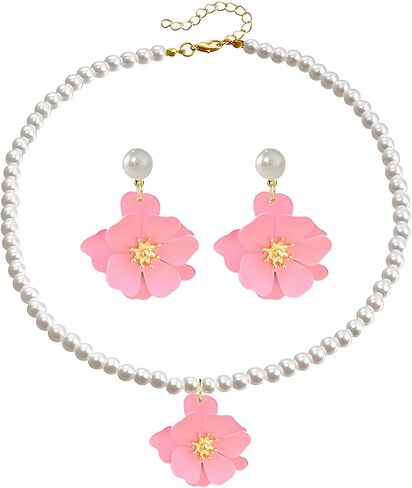 Dreuyet Bohemian Daisy Flower Earrings Necklace Set for Women Boho Layered Matte Long Petal Earring Dainty Floral Pearl Necklace Wedding Spring Holiday Jewelry in Saudi Arabia