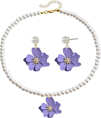 Dreuyet Bohemian Daisy Flower Earrings Necklace Set for Women Boho Layered Matte Long Petal Earring Dainty Floral Pearl Necklace Wedding Spring Holiday Jewelry in Saudi Arabia