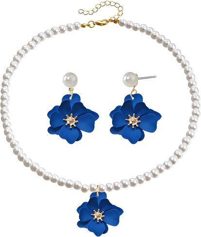 Dreuyet Bohemian Daisy Flower Earrings Necklace Set for Women Boho Layered Matte Long Petal Earring Dainty Floral Pearl Necklace Wedding Spring Holiday Jewelry in Saudi Arabia