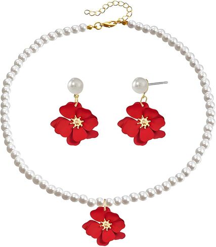 Dreuyet Bohemian Daisy Flower Earrings Necklace Set for Women Boho Layered Matte Long Petal Earring Dainty Floral Pearl Necklace Wedding Spring Holiday Jewelry in Saudi Arabia