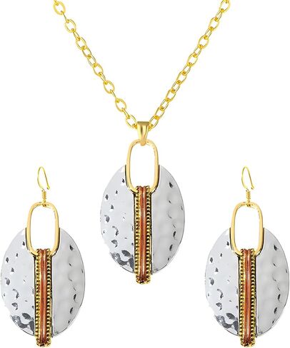 Dreuyet 3 Circle Boho Earrings Necklace Set for Women Handmade Burnished Tricolor Circles Earrings Sunrise Necklace Vintage Ethnic Bohemian Chic Jewelry in Saudi Arabia