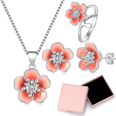 Pink Flower Earrings Necklace with cute Adjustable Ring, Cherry Blossom Earring Flower Jewelry for Women in Kuwait