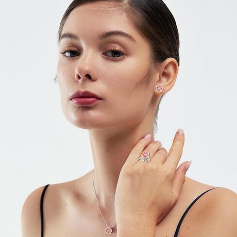 Pink Flower Earrings Necklace with cute Adjustable Ring, Cherry Blossom Earring Flower Jewelry for Women in Kuwait