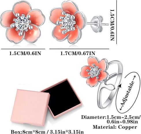 Pink Flower Earrings Necklace with cute Adjustable Ring, Cherry Blossom Earring Flower Jewelry for Women in Kuwait