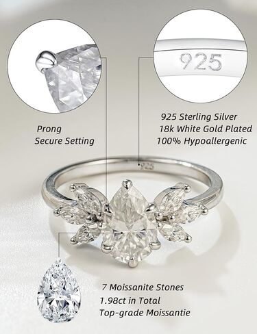 IMOLOVE Moissanite Engagement Ring for Women, Pear Shaped with Marquise Floral Side Stones, 925 Sterling Silver Wedding Band, Sparkling Bridal Promise Ring – Shine Bright, Spend Light in Saudi Arabia