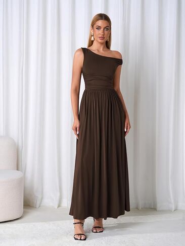 One Shoulder Maxi Dress Summer Casual A Line Wedding Guest Long Formal Dresses with Pockets in Kuwait