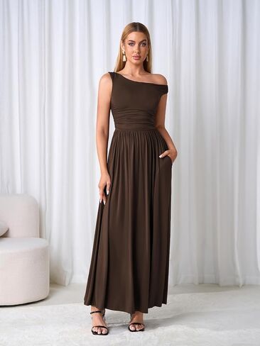 One Shoulder Maxi Dress Summer Casual A Line Wedding Guest Long Formal Dresses with Pockets in Kuwait
