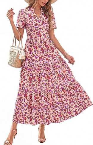 KIRUNDO Womens Summer Floral Maxi Dress Short Sleeve V Neck Boho Long Flowy Casual A Line Dresses 2026 Beach Vacation Outfits in Saudi Arabia