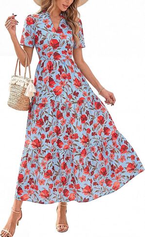 KIRUNDO Womens Summer Floral Maxi Dress Short Sleeve V Neck Boho Long Flowy Casual A Line Dresses 2026 Beach Vacation Outfits in Saudi Arabia