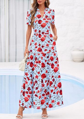 KIRUNDO Womens Summer Floral Maxi Dress Short Sleeve V Neck Boho Long Flowy Casual A Line Dresses 2026 Beach Vacation Outfits in Saudi Arabia