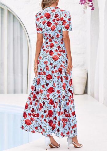 KIRUNDO Womens Summer Floral Maxi Dress Short Sleeve V Neck Boho Long Flowy Casual A Line Dresses 2026 Beach Vacation Outfits in Saudi Arabia