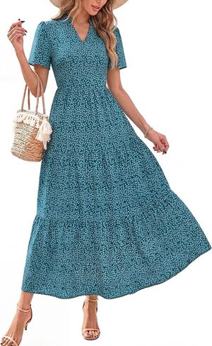KIRUNDO Womens Summer Floral Maxi Dress Short Sleeve V Neck Boho Long Flowy Casual A Line Dresses 2026 Beach Vacation Outfits in Saudi Arabia