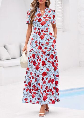 KIRUNDO Womens Summer Floral Maxi Dress Short Sleeve V Neck Boho Long Flowy Casual A Line Dresses 2026 Beach Vacation Outfits in Saudi Arabia