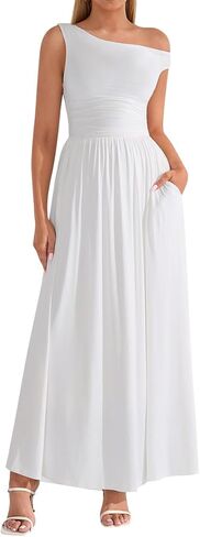 فستان طويل بكتف واحد صيفي كاجوال على شكل حرف A لحفلات الزفاف فساتين رسمية طويلة مع جيوب in Kuwait