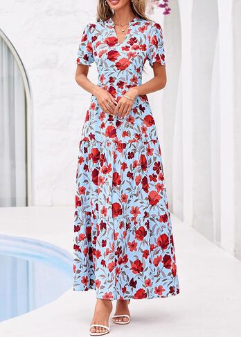 KIRUNDO Womens Summer Floral Maxi Dress Short Sleeve V Neck Boho Long Flowy Casual A Line Dresses 2026 Beach Vacation Outfits in Saudi Arabia