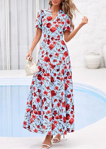 KIRUNDO Womens Summer Floral Maxi Dress Short Sleeve V Neck Boho Long Flowy Casual A Line Dresses 2026 Beach Vacation Outfits in Saudi Arabia