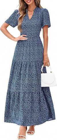 KIRUNDO Womens Summer Floral Maxi Dress Short Sleeve V Neck Boho Long Flowy Casual A Line Dresses 2026 Beach Vacation Outfits in Saudi Arabia