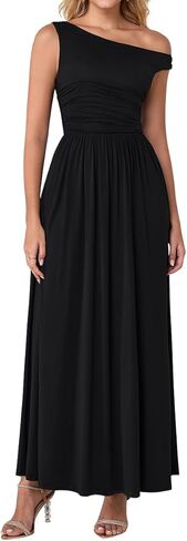 One Shoulder Maxi Dress Summer Casual A Line Wedding Guest Long Formal Dresses with Pockets in Kuwait