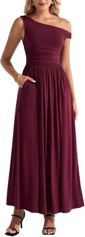 One Shoulder Maxi Dress Summer Casual A Line Wedding Guest Long Formal Dresses with Pockets in Kuwait