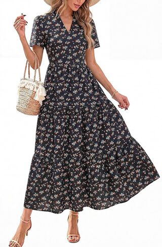 KIRUNDO Womens Summer Floral Maxi Dress Short Sleeve V Neck Boho Long Flowy Casual A Line Dresses 2026 Beach Vacation Outfits in Saudi Arabia