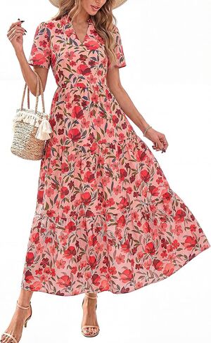 KIRUNDO Womens Summer Floral Maxi Dress Short Sleeve V Neck Boho Long Flowy Casual A Line Dresses 2026 Beach Vacation Outfits in Saudi Arabia