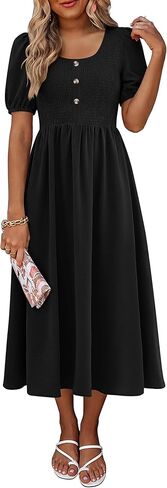 ANRABESS Women Summer Casual Puff Short Sleeve Square Neck Smocked Button Up High Waist Flowy Vacation Midi Dresses & Pockets in Saudi Arabia