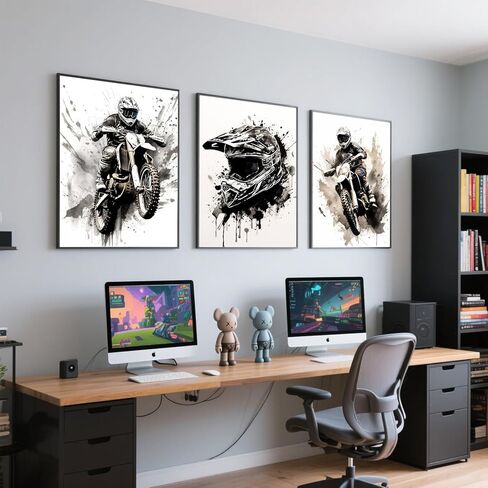 ZUGHRERF Motorbike Trendy Wall Art Black and White Motorcycle Canvas Poster Prints Artwork Cool Racer Sports Pictures Motocross Rider Graffiti Helmet Painting for Boys Teen Man Cave Home Decor 12x16in in Saudi Arabia