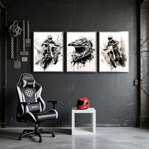 ZUGHRERF Motorbike Trendy Wall Art Black and White Motorcycle Canvas Poster Prints Artwork Cool Racer Sports Pictures Motocross Rider Graffiti Helmet Painting for Boys Teen Man Cave Home Decor 12x16in in Saudi Arabia