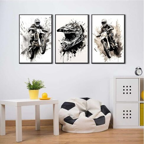 ZUGHRERF Motorbike Trendy Wall Art Black and White Motorcycle Canvas Poster Prints Artwork Cool Racer Sports Pictures Motocross Rider Graffiti Helmet Painting for Boys Teen Man Cave Home Decor 12x16in in Saudi Arabia