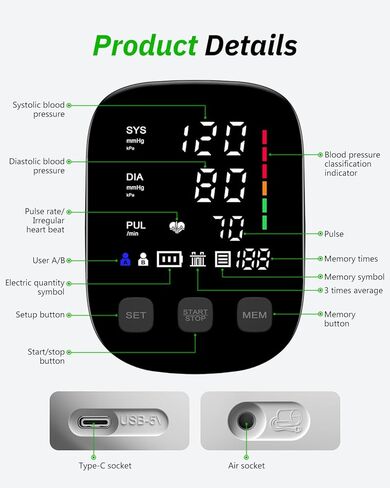 جهاز قياس ضغط الدم، جهاز قياس ضغط الدم التلقائي من أعلى الذراع للاستخدام المنزلي، جهاز ضغط الدم، شاشة عرض خلفية كبيرة، سوار BP رقمي دقيق وقابل للتعديل in Kuwait