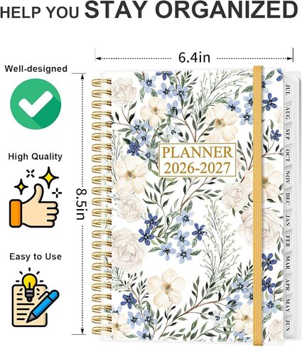 مخطط أكاديمي 2026-2027 - مخطط أسبوعي وشهري من يوليو 2026 إلى يونيو 2027، أجندة 2026 2027 مع جيب داخلي، شريط مطاطي، 6.4 بوصة × 8.5 بوصة، زهرة مسحوقة in Kuwait