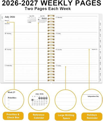 مخطط أكاديمي 2026-2027 - مخطط أسبوعي وشهري من يوليو 2026 إلى يونيو 2027، أجندة 2026 2027 مع جيب داخلي، شريط مطاطي، 6.4 بوصة × 8.5 بوصة، زهرة مسحوقة in Kuwait