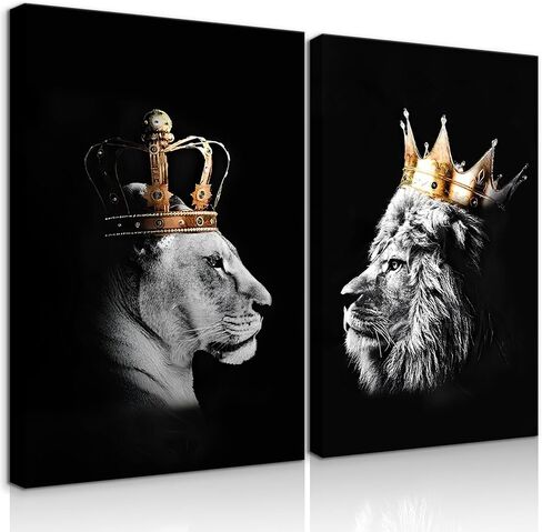 BJVJKSU Black and White Lion Wall Art - King and Queen Lioness Canvas Wall Decor with Gold Crown - Wild Animal Couple Prints Ready to Hang (12x16in) in Saudi Arabia