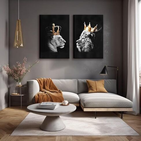 BJVJKSU Black and White Lion Wall Art - King and Queen Lioness Canvas Wall Decor with Gold Crown - Wild Animal Couple Prints Ready to Hang (12x16in) in Saudi Arabia
